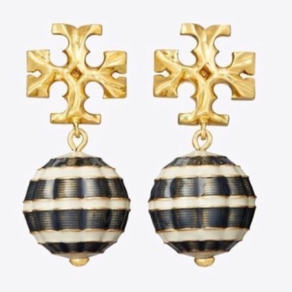 Gold Cross Drop Earrings with Black and White Striped Spheres